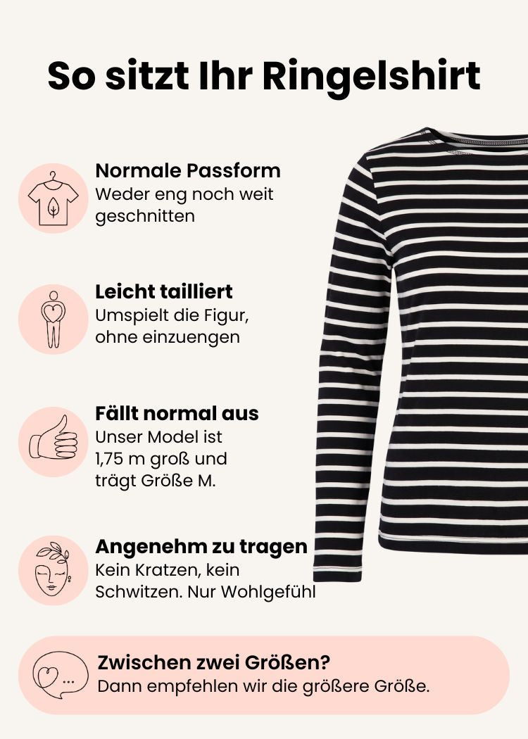 Ringelshirt Damen aus Bio-Baumwolle schwarz-ecru mit normaler Passform – Grafik zu Schnitt, Passform und Größenempfehlung.