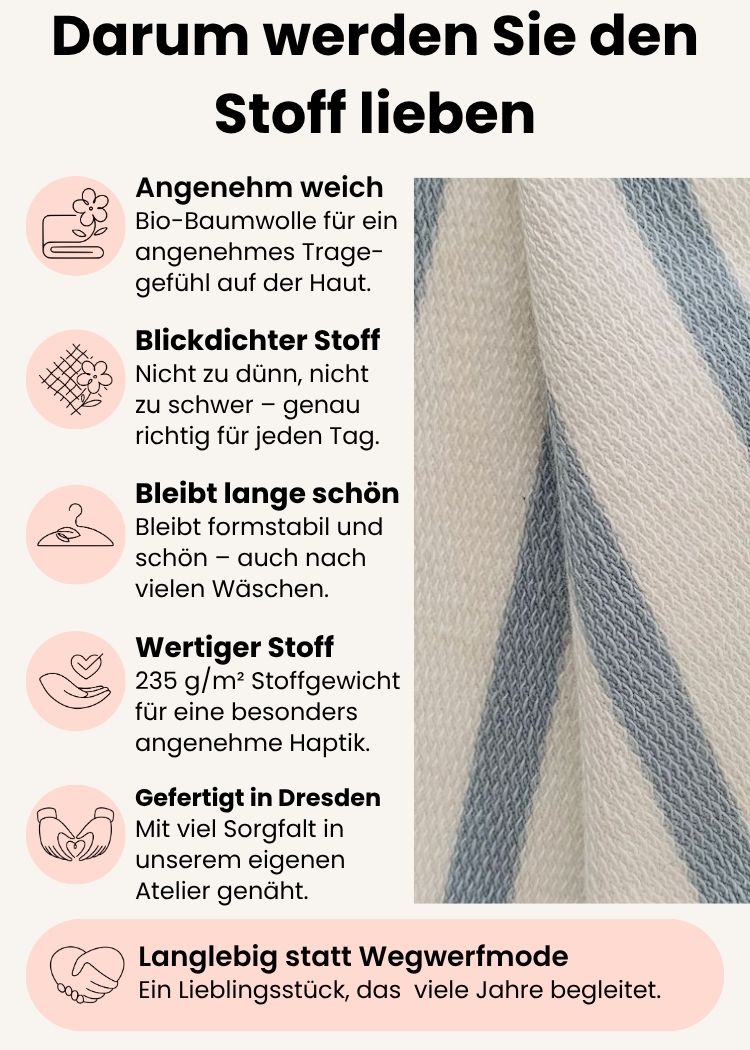 Ringelshirt Damen aus Bio-Baumwolle – Detailansicht des hochwertigen Stoffes mit Streifen in weiß-hellblau mit Informationen zu Tragekomfort, Formstabilität und Verarbeitung.