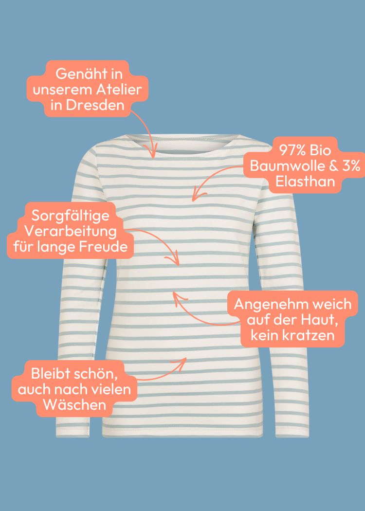 Damen Langarmshirt weiß/hellblau aus Bio-Baumwolle im klassischen Streifendesign genäht in Deutschland von internaht
