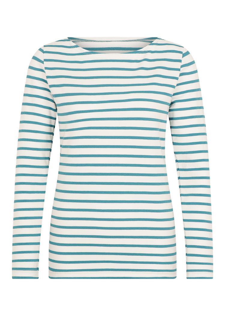 Zeitloses Ringelshirt Damen weiß/petrol – fair produziert und angenehm zu tragen