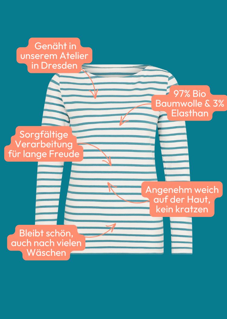 Damen Langarmshirt aus Bio-Baumwolle im klassischen Streifendesign weiß/petrol genäht in Deutschland von internaht