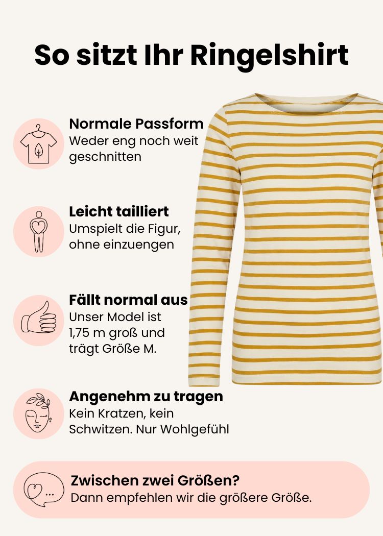 Ringelshirt Damen aus Bio-Baumwolle weiss-senfgelb mit normaler Passform – Grafik zu Schnitt, Passform und Größenempfehlung.