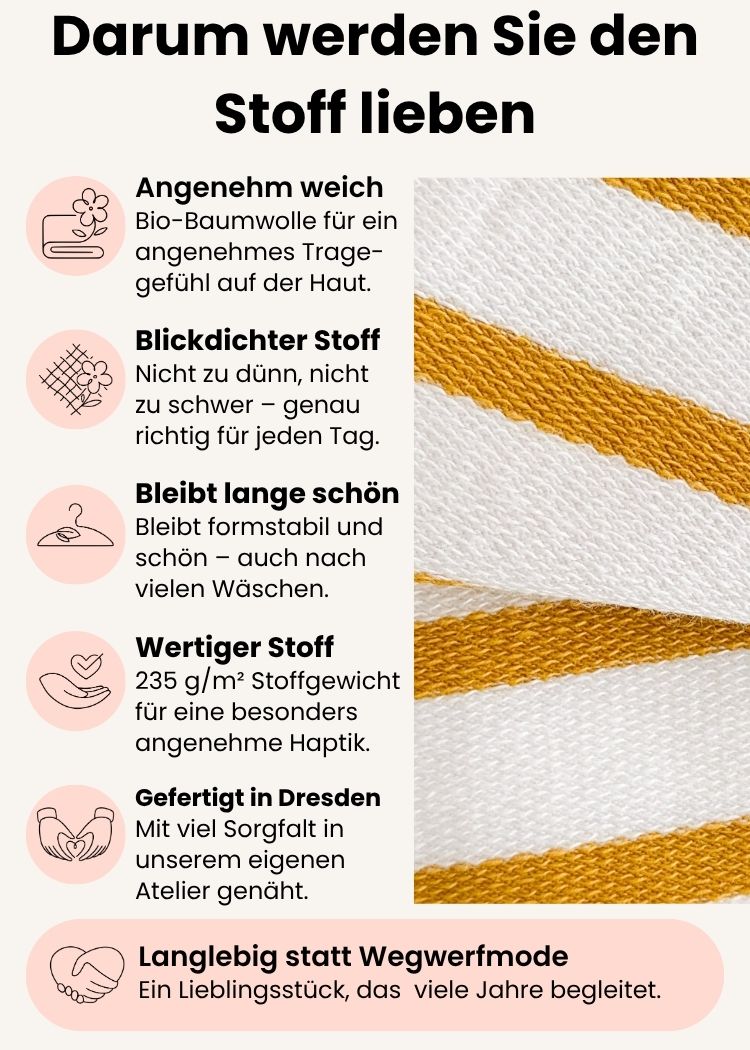 Ringelshirt Damen aus Bio-Baumwolle – Detailansicht des hochwertigen Stoffes mit Streifen Weiss-Senfgelb Informationen zu Tragekomfort, Formstabilität und Verarbeitung