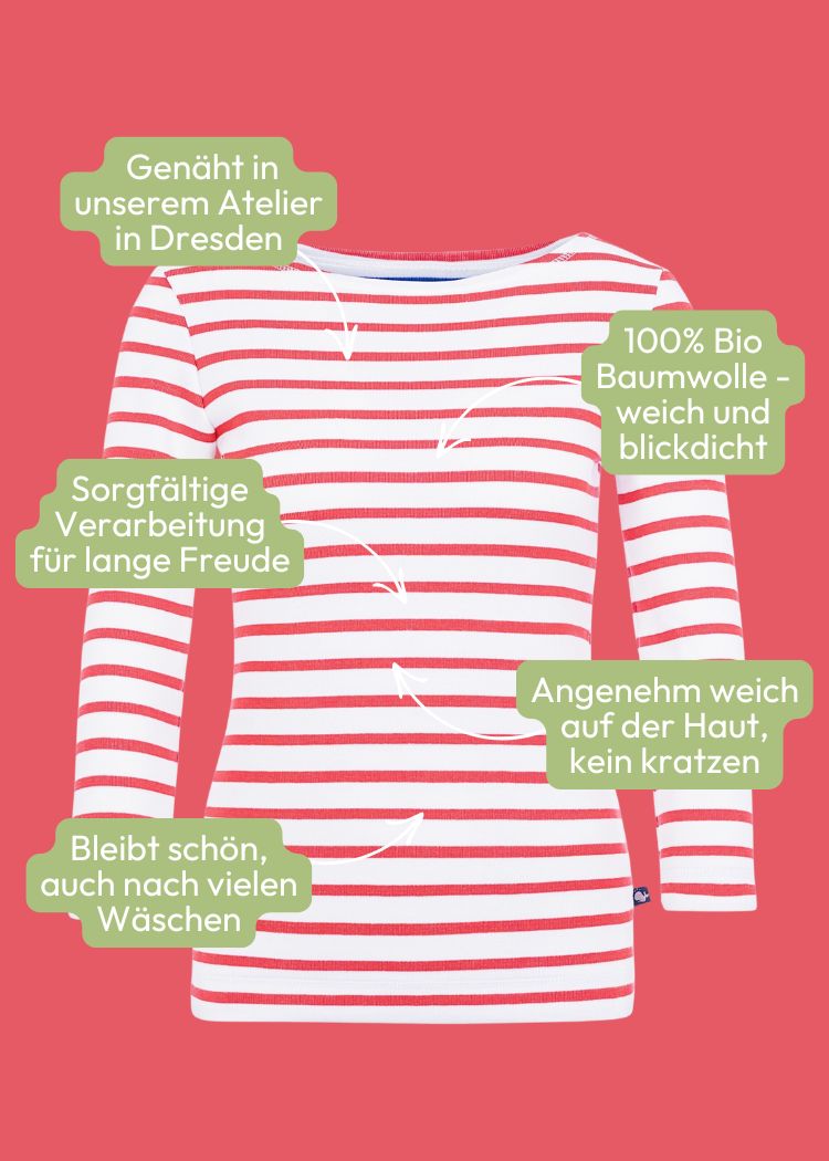 Damen Langarmshirt rot-weiss gestreift aus Bio-Baumwolle im klassischen Streifendesign genäht in Deutschland von internaht