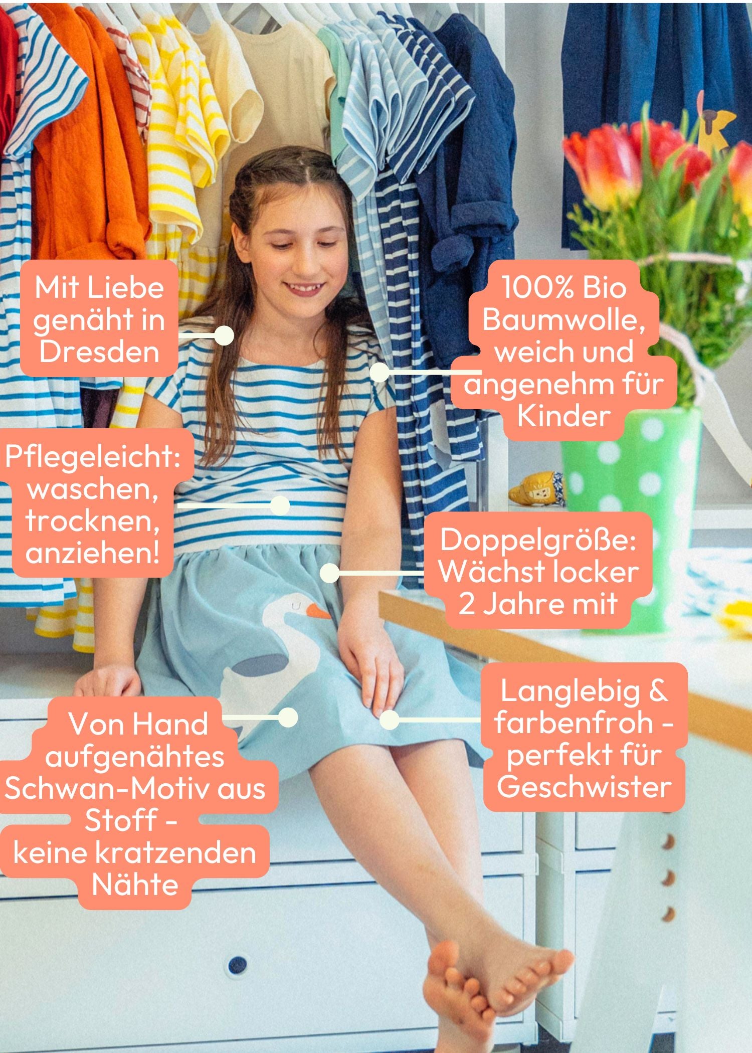 Schöne Mädchenkleidung mit Liebe genäht - Vorteile des Sommerkleides mit Schwan auf einen Blick