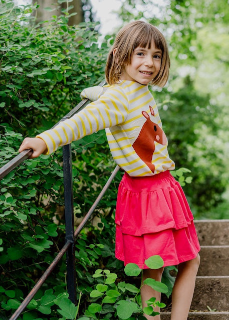 Schöne Mädchenkleidung aus zertifizierten Biostoffen - Ringelshirt mit Pferd und Stufenrock Mädchen in Pink handgemacht in Dresden