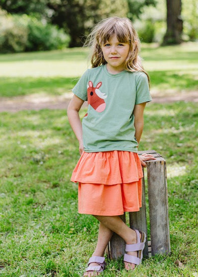 Stufenrock Mädchen aus Bio Baumwolle in Orange mit T-Shirt Pferd aus Biobaumwolle von internaht
