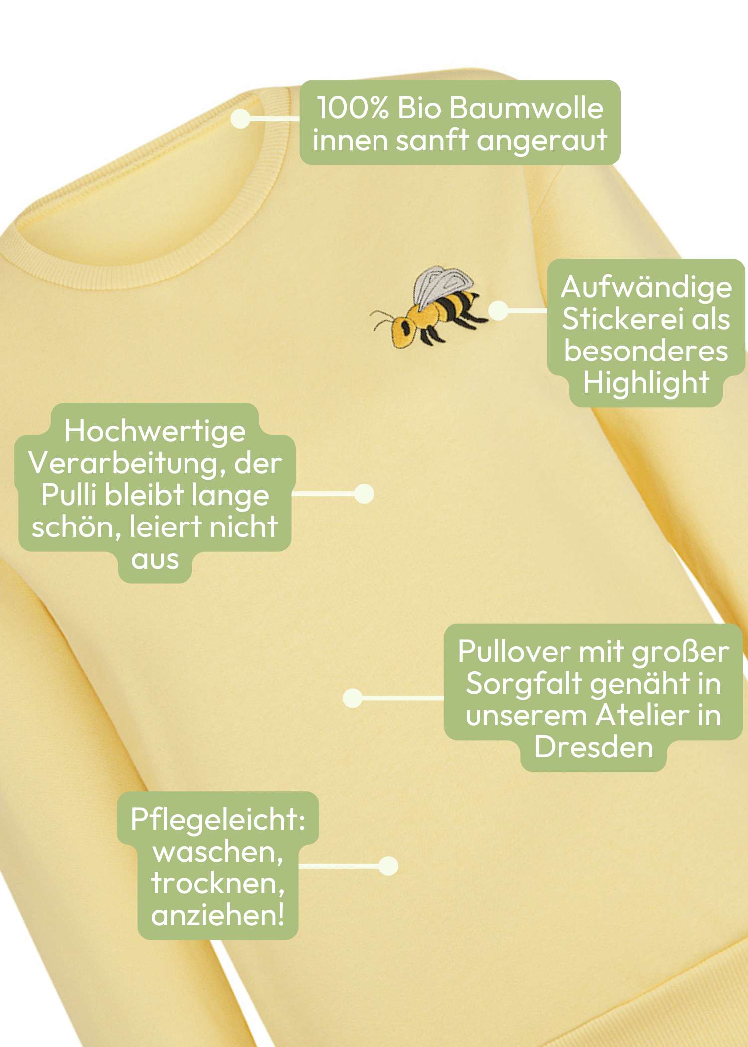 Damen Sweatshirt 100% Bio Baumwolle in Gelb aus Bio Baumwolle sorgfältig in Manufakturarbeit in Deutschland gefertigt