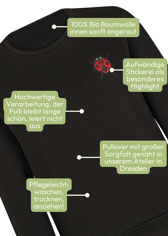 Damen Sweatshirt aus 100% Bio Baumwolle in Schwarz mit Marienkäfer-Stickerei - nachhaltige Bio-Qualität aus Dresden