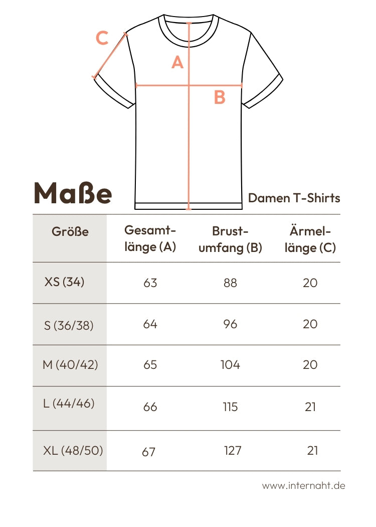 Maßtabelle T-Shirt Damen Bio Baumwolle – Größen XS bis XL von internaht