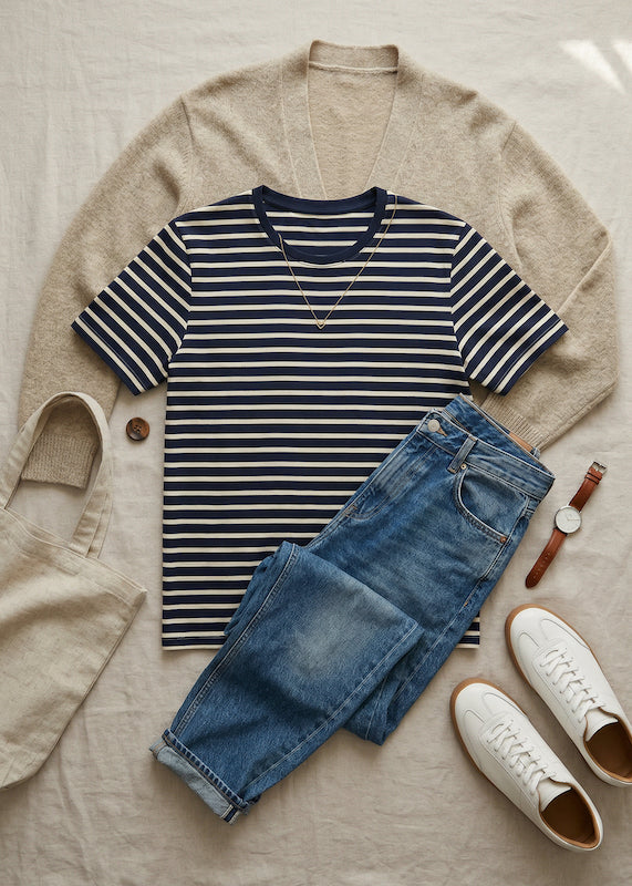 Style-Inspiration: T-Shirt Bio Baumwolle Damen Navy-Ecru kombiniert – nachhaltige Damenmode von internaht