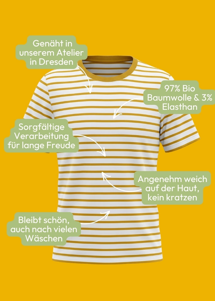 Hochwertiges T-Shirt Bio Baumwolle Damen Weiß-Senfgelb – weich, formstabil & fair produziert von internaht