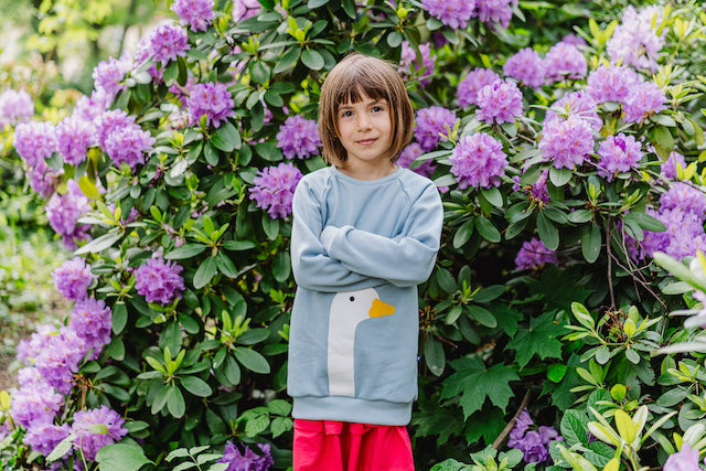 Kinder Pullover Mädchen aus Bio-Baumwolle von internaht, Mädchen steht vor lila blühenden Rhododendron-Busch und trägt einen himmelblauen Pulli mit Gans-Motiv und einen pinkfarbenen Stufenrock von internaht