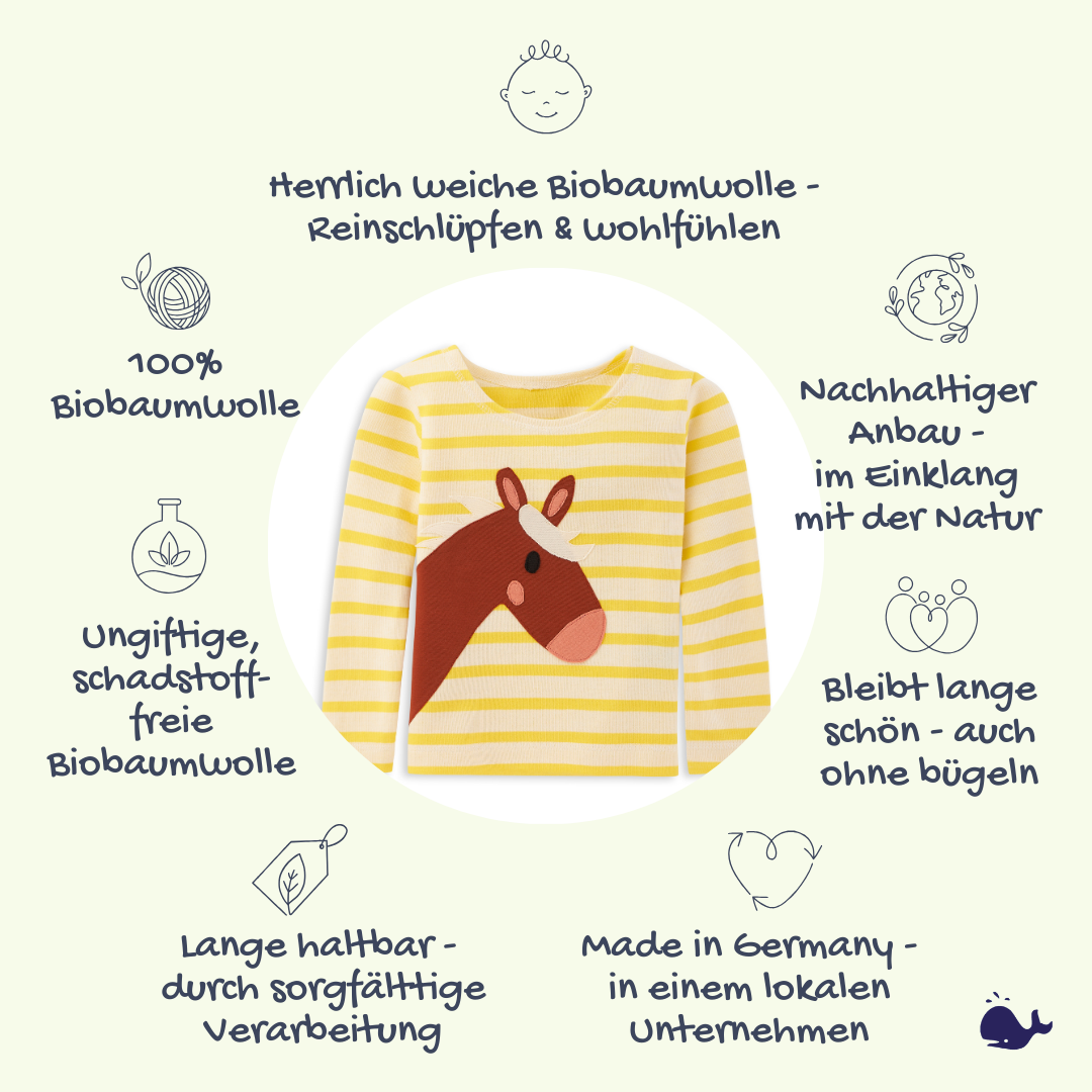 Das macht gestreiftes Shirt aus Bio Baumwolle mit Pferd für Mädchen von internaht aus Dresden so besonders