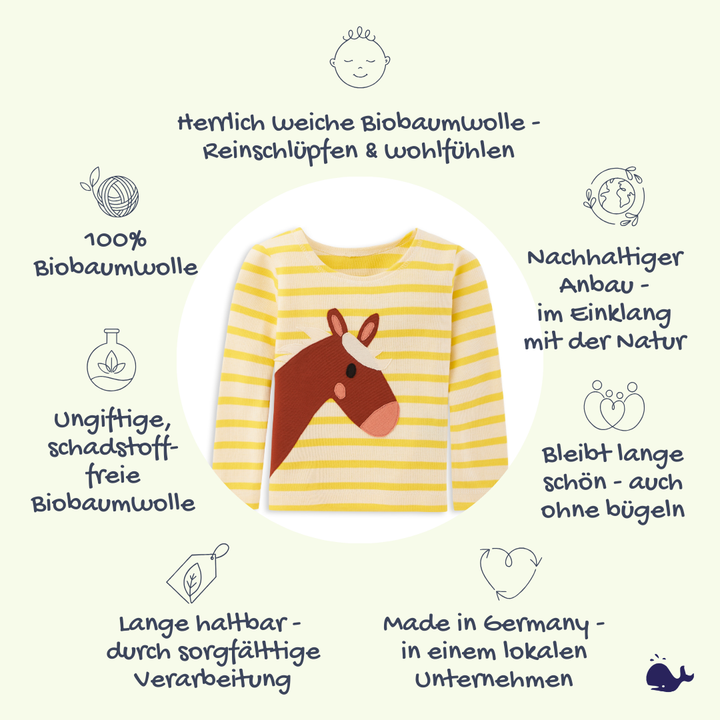Das macht gestreiftes Shirt aus Bio Baumwolle mit Pferd für Mädchen von internaht aus Dresden so besonders