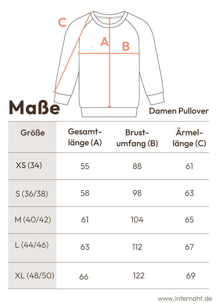 Detaillierte Maßangaben für Damen Nicki Pullover aus 100% Biobaumwolle von internaht