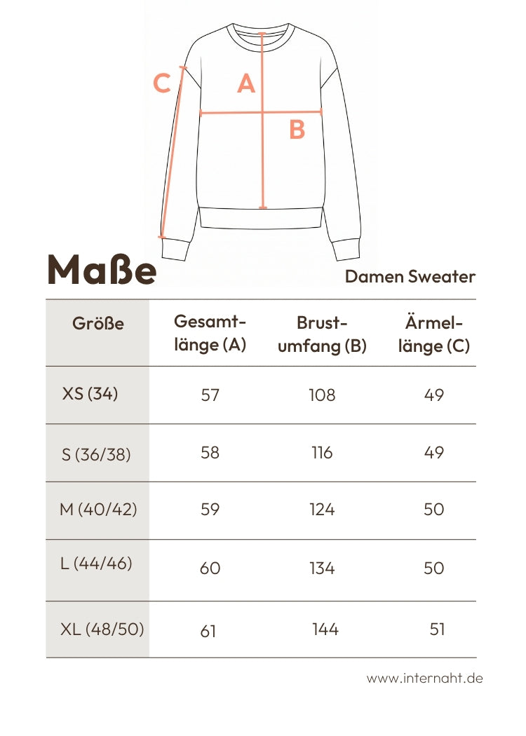 Detaillierte Maßangaben für Damen Sweatshirt aus 100% Biobaumwolle von internaht