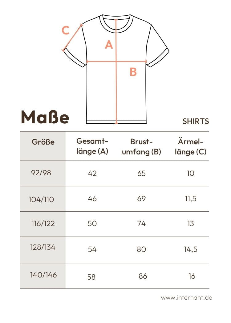  Kinder T Shirt aus Bio Baumwolle von internaht - Maßtabelle