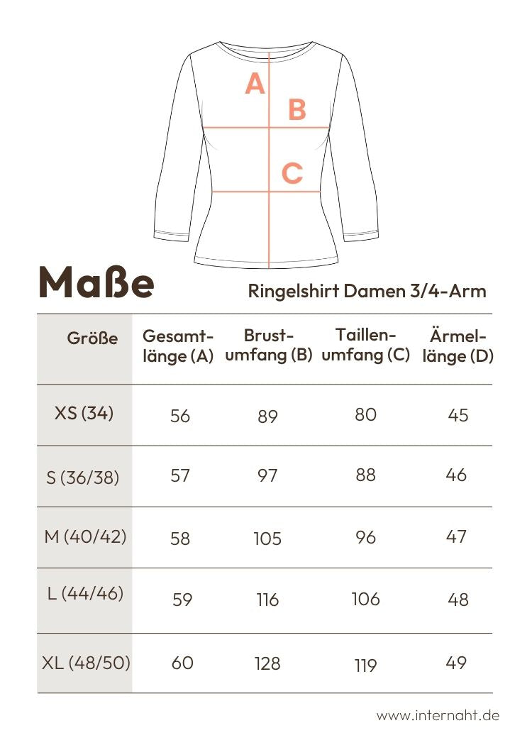 Ringelshirt Damen 3/4 Arm aus Bio Baumwolle von internaht - Detaillierte Masstabelle mit Kleidungsmassen 