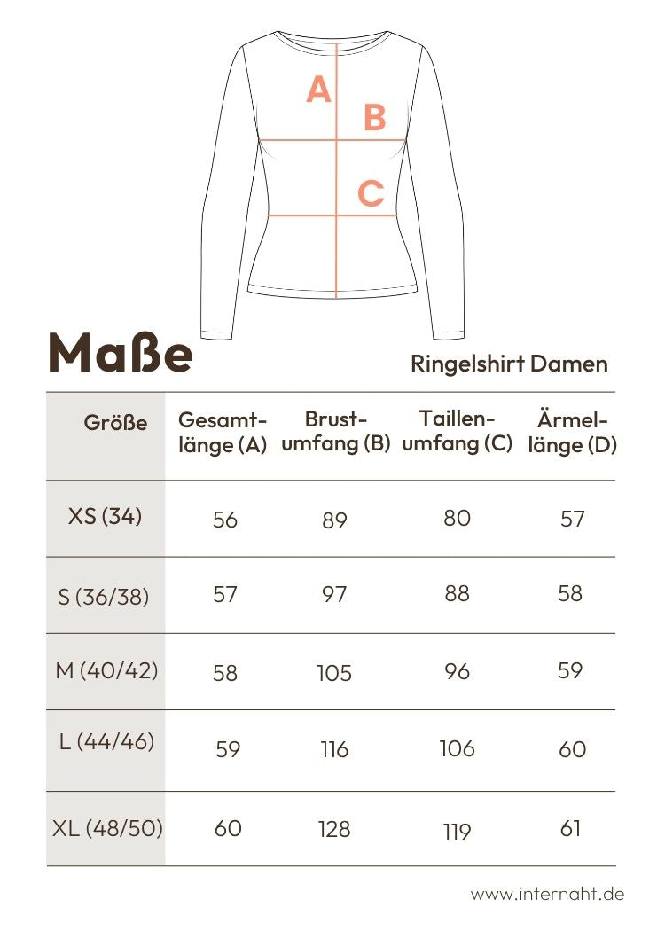 Ringelshirt Damen aus Bio Baumwolle von internaht - Detaillierte Masstabelle mit Kleidungsmassen 