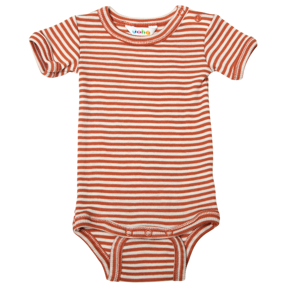 Baby Body aus Wolle/Seide Kurzarm orange-weiß gestreift von joha aus Dänemark