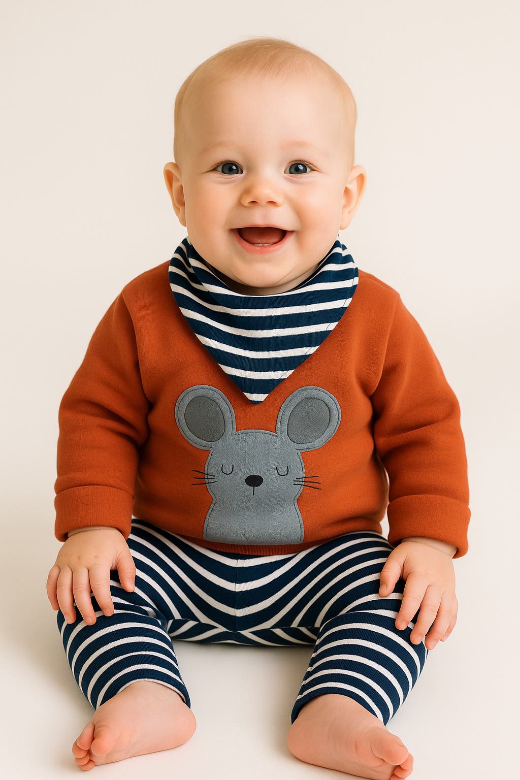 Baby Outfit mit Baby Pullover Maus in Henna und gestreifter Baby Hose und Baby Halstuch in Navy-Ecru aus Bio Baumwolle von internaht