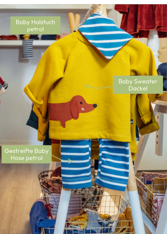 Baby Set aus Baby Pullover Dackel, gestreifter Baby Hose und Baby Halstuch aus 100% Biobaumwolle von internaht