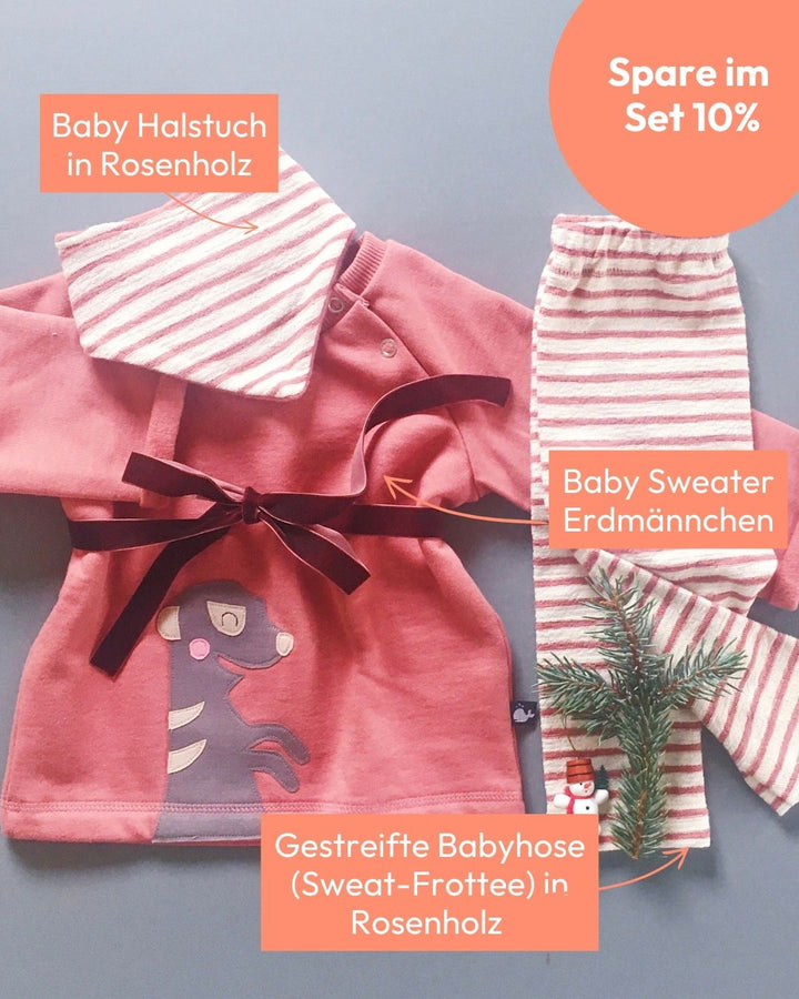 Baby Pullover aus 100% Bio Baumwolle mit Erdmännchen-Motiv von internaht - Spare im Set 10% - Baby Sweatshirt, gestreifte Baby Hose und Baby Halstuch