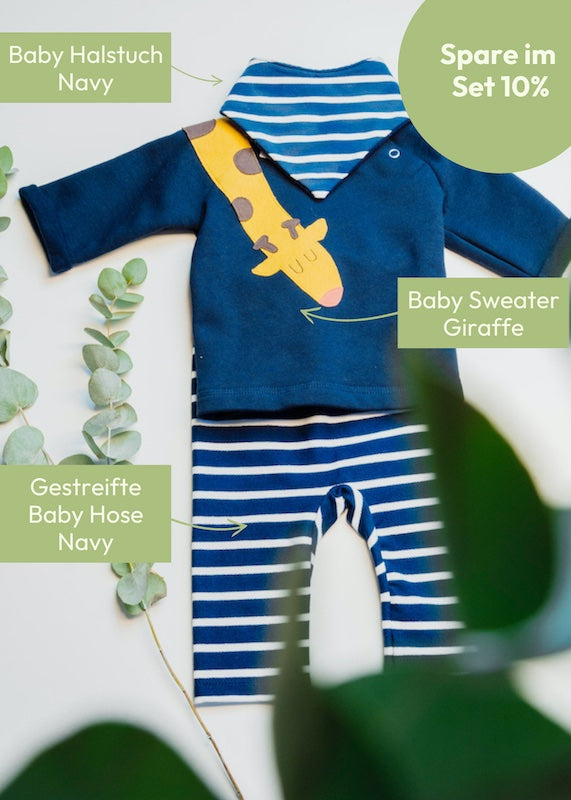 Baby Pullover aus 100% Bio Baumwolle mit Giraffen-Motiv von internaht - Baby Set mit Baby Sweatshirt Giraffe, Baby Hose und Halstuch aus Biobaumwolle von internaht