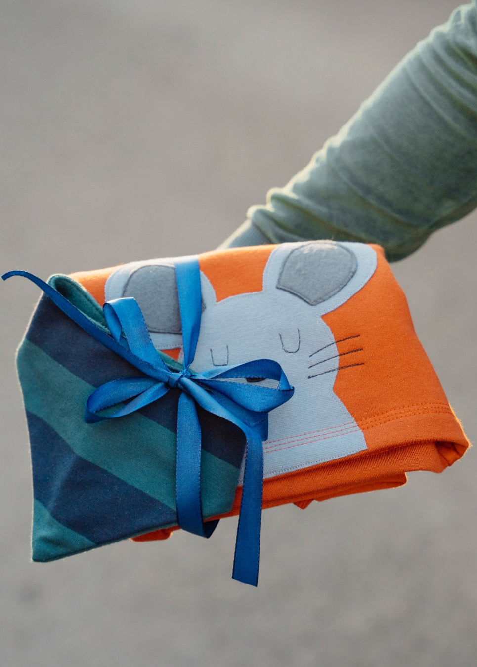 Baby Pullover aus 100% Bio Baumwolle mit Maus-Motiv von internaht - Baby Sweatshirt mit Maus und gestreiftes Baby Halstuch aus 100% Biobaumwolle von internaht