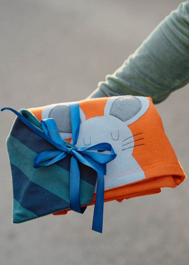 Baby Pullover aus 100% Bio Baumwolle mit Maus-Motiv von internaht - Baby Sweatshirt mit Maus und gestreiftes Baby Halstuch aus 100% Biobaumwolle von internaht