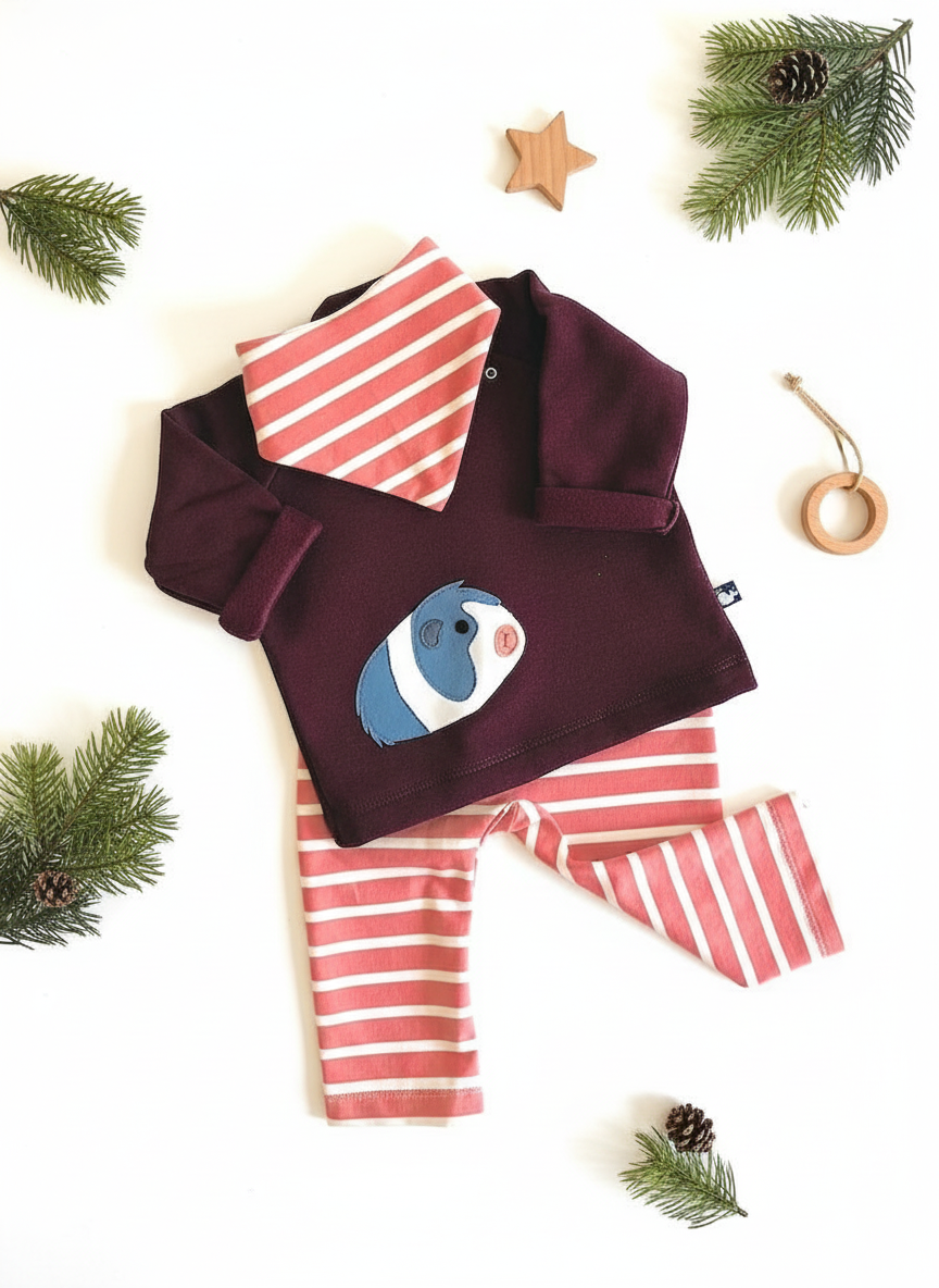 Baby Set mit Meerschweinchen-Pullover aus 100% Bio Baumwolle - dreiteiliges Baby-Set mit gestreifter Baby Hose und passenden Baby Halstuch in Rosenholz-Ecru von internaht aus Dresden - Geschenkidee für Weihnachten