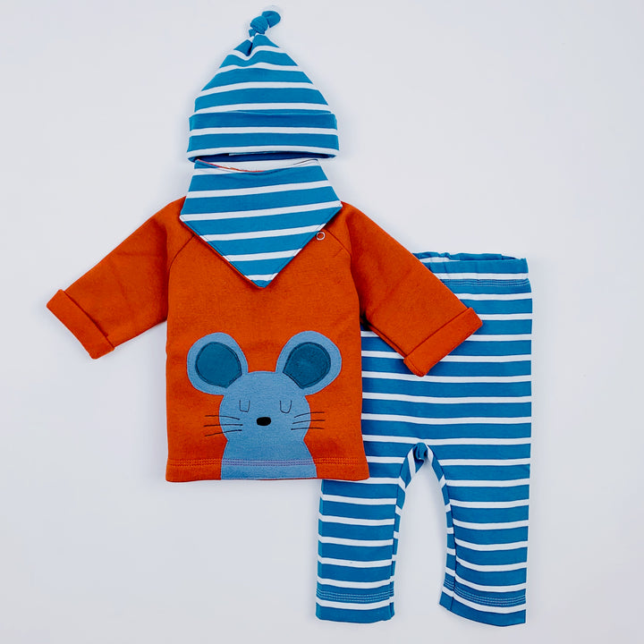 Baby Set aus Sweater Maus, gestreifter Babyhose und Halstuch auch Biobaumwolle von internaht