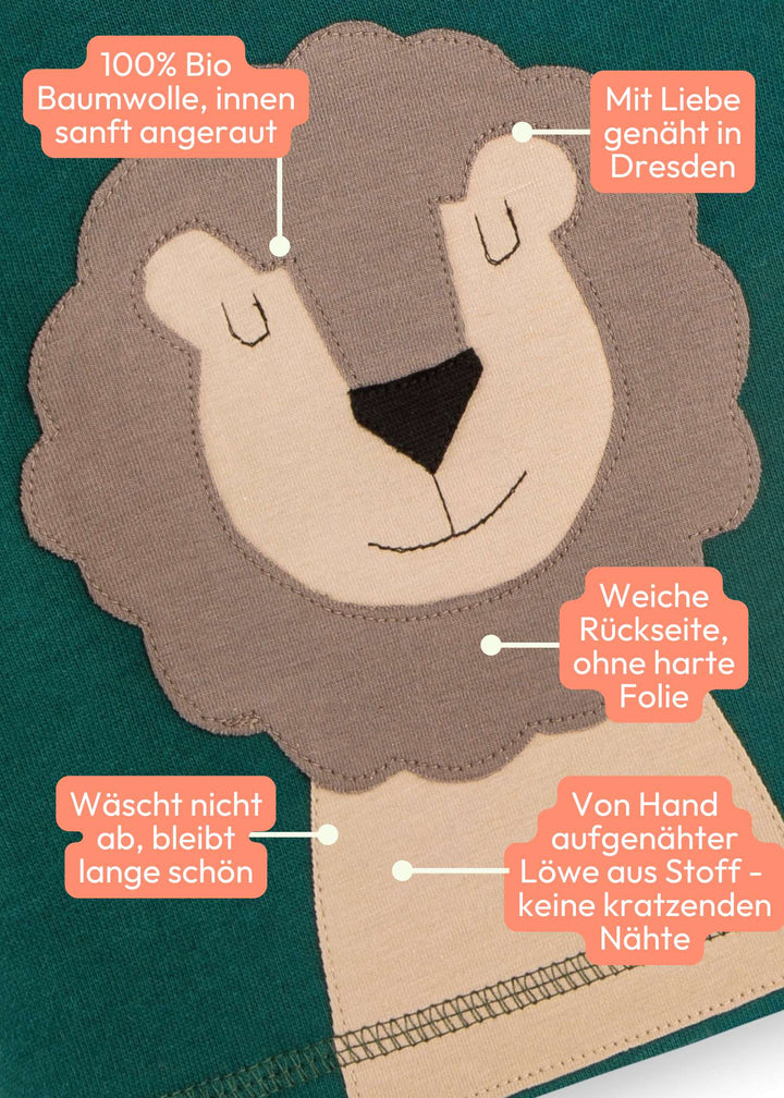 Nahaufnahme zum Baby Sweatshirt mit liebevoller Löwen-Applikation aus 100% Bio Baumwolle von internaht