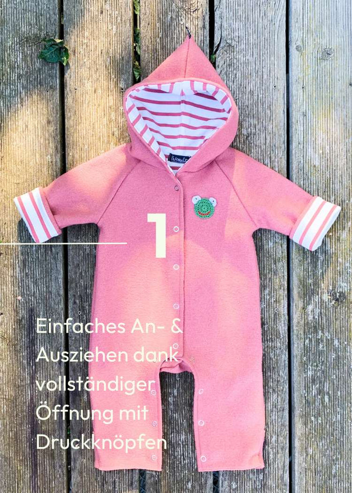 Baby Walkoverall für Mädchen aus Schurwolle von internaht - Einfaches An- und Ausziehen dank durchgehender Knopfleiste