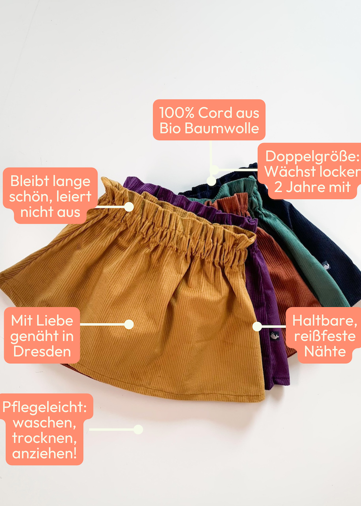 Farbenfrohe Cord Röcke für Kinder mit Paperbag-Bund aus 100% Biobaumwolle von internaht