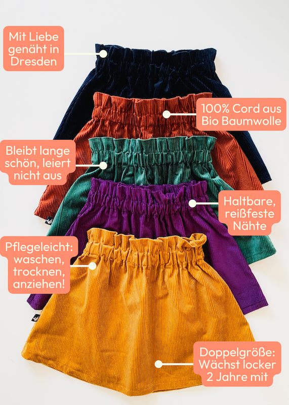 Handgemachte Kinderkleidung aus Deutschland - mit Liebe genäht von internaht in Dresdsen- Vorteile des Cordrock Mädchen auf einen Blick