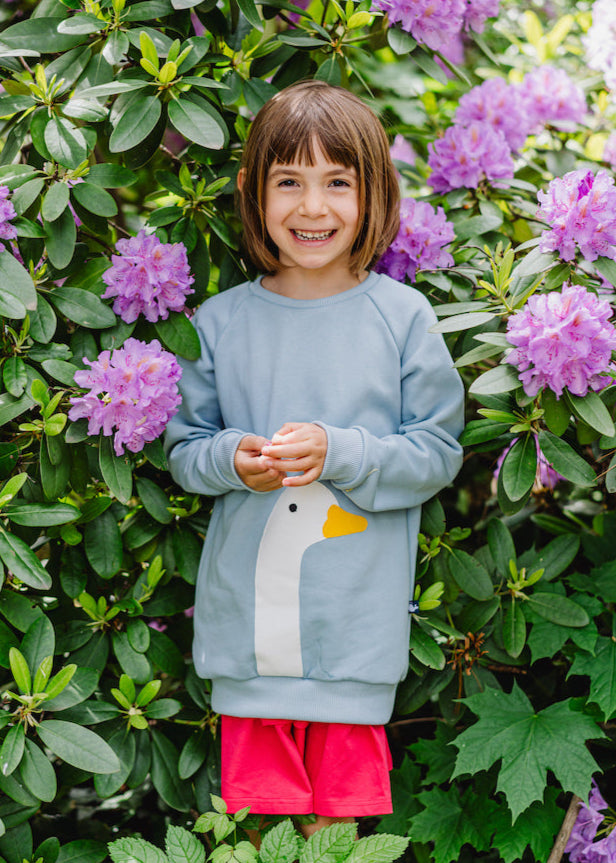 Himmelblauer Kinder Pullover mit Gans aus 100% Biobaumwolle von internaht