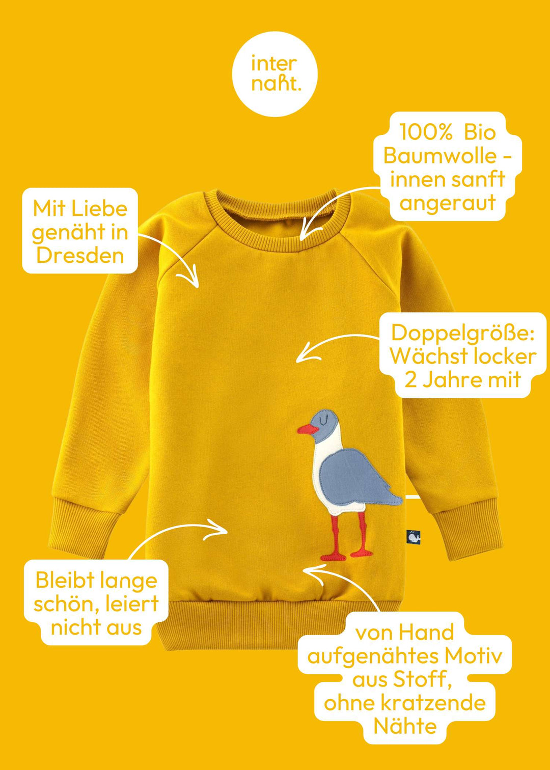 Senfgelber Kinder Pullover mit Möwe aus 100% Biobaumwolle von internaht - Deine Vorteile auf einen Blick