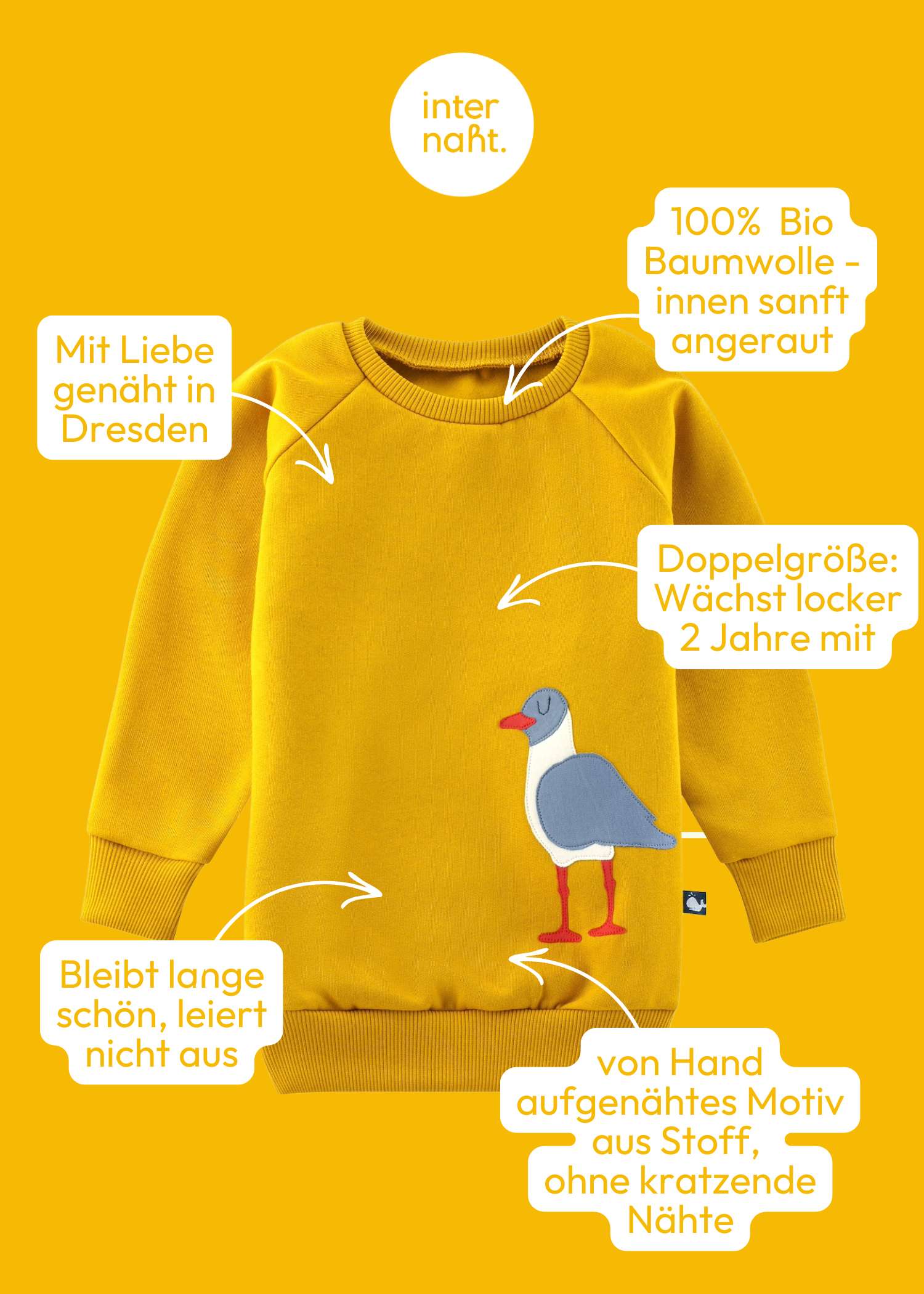 Senfgelber Kinder Pullover mit Möwe aus 100% Biobaumwolle von internaht - Deine Vorteile auf einen Blick