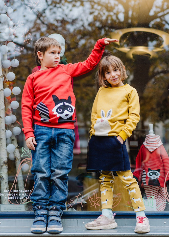 Kinder Pullover mit Waschbär und senfgelber Kinder Pullover mit Schneehase aus 100% Bio Baumwolle von internaht