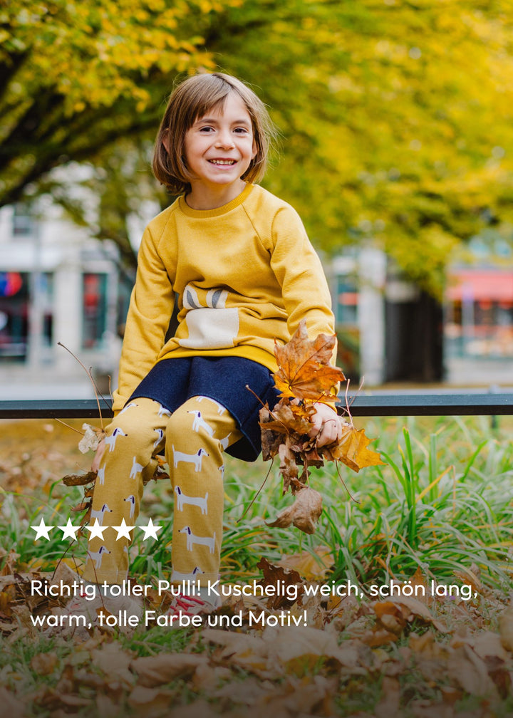 Positive Kundenbewertung zum senfgelben Kinder Pullover mit Schneehase aus 100% Bio Baumwolle von internaht