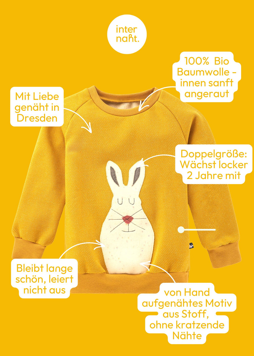 Vorteile des senfgelben Kinder Pullovers mit Schneehase aus 100% Bio Baumwolle von internaht