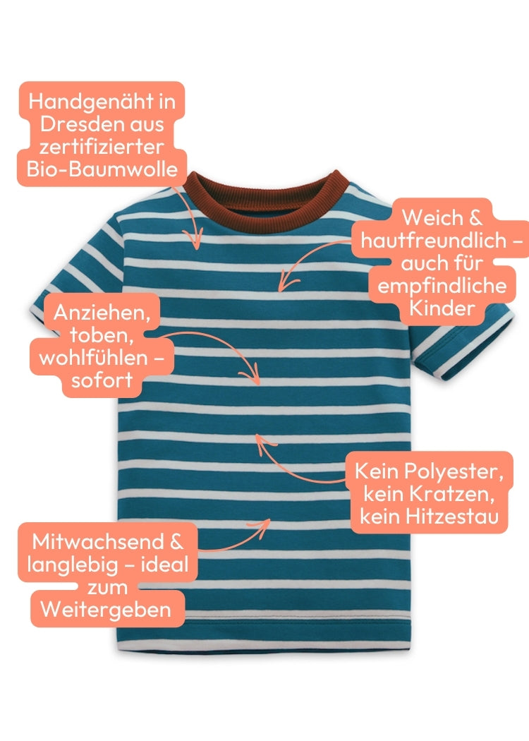 Vorteile des T-Shirt Bio Baumwolle Petrol-Weiß – gestreiftes Kindershirt von internaht aus Dresden