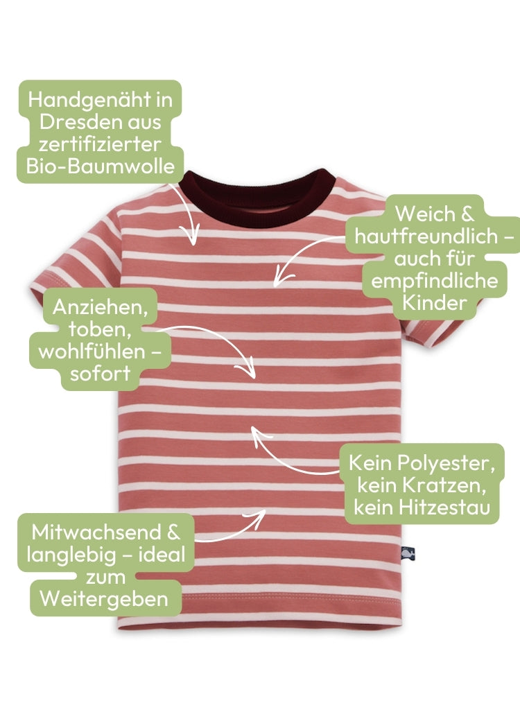 Vorteille des T-Shirt Bio Baumwolle Rosenholz-Ecru – gestreiftes Kindershirt von internaht aus Dresden