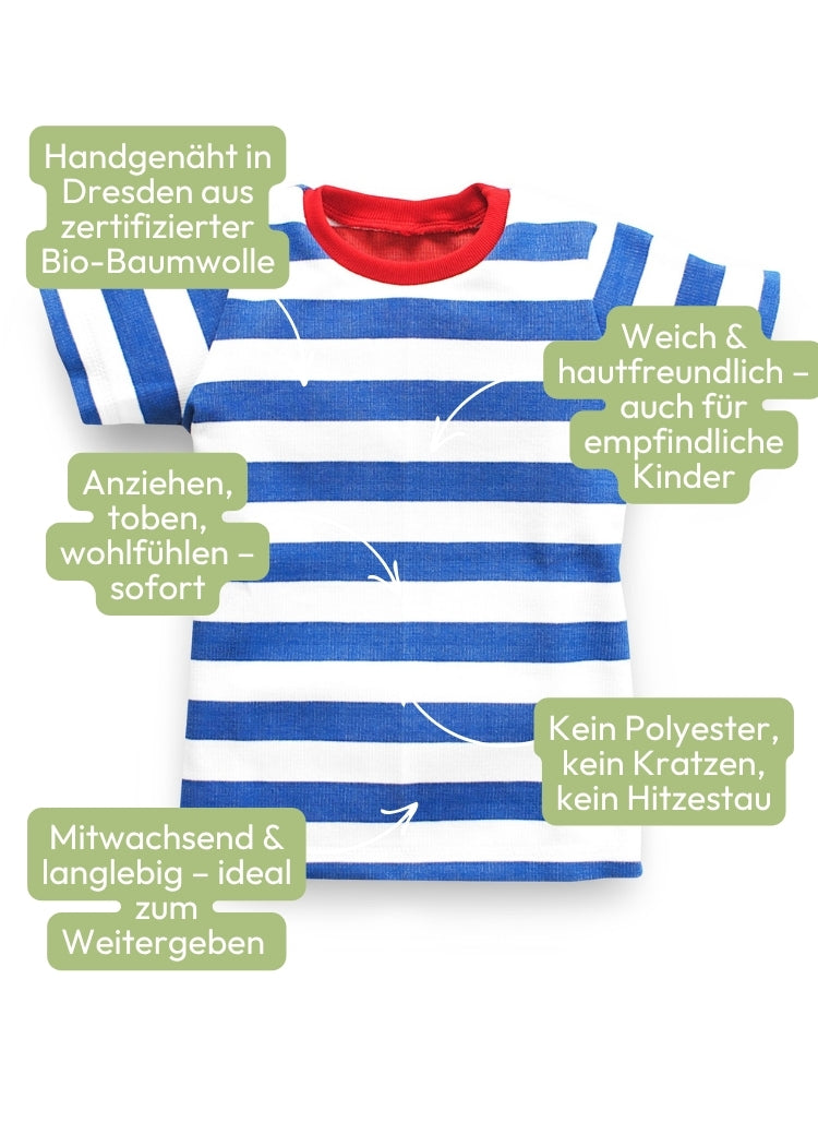 Vorteile des Kinder T-Shirt Bio Baumwolle Royalblau-Weiß Doubleface-Interlock mit rotem Bündchen – handgenäht von internaht in Dresden
