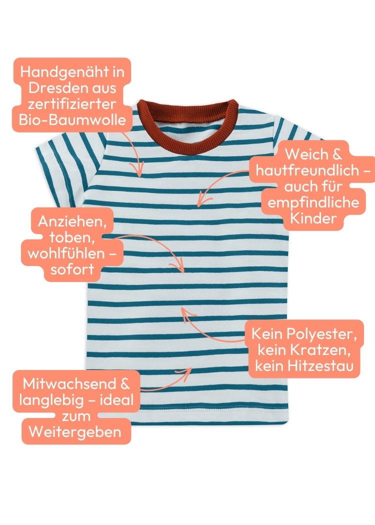 Hochwertiges Kinder T-Shirt Bio Baumwolle Weiß-Petrol – weich, mitwachsend & langlebig von internaht