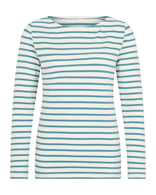 Langarmshirt für Damen in Weiss-Petrol aus Bio Baumwolle mit Sorgfalt genäht in Dresden (Produktfoto)