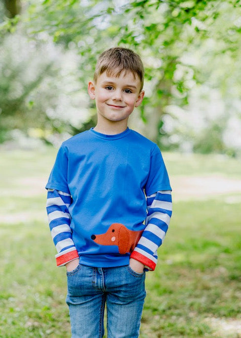 Langarmshirt für Kinder aus Bio Baumwolle mit Dackel für Jungen und Mädchen in Royalblau von internaht aus Dresden