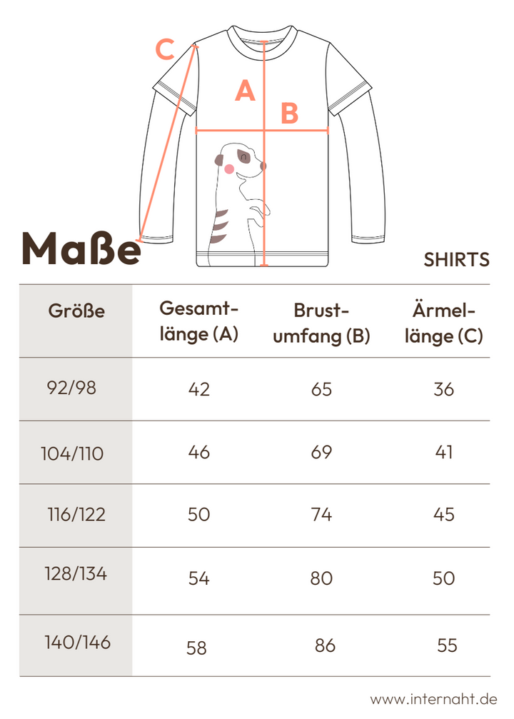 Tabelle mit den Maßangaben zum Langarmshirt Kinder aus Bio-Baumwolle von internaht